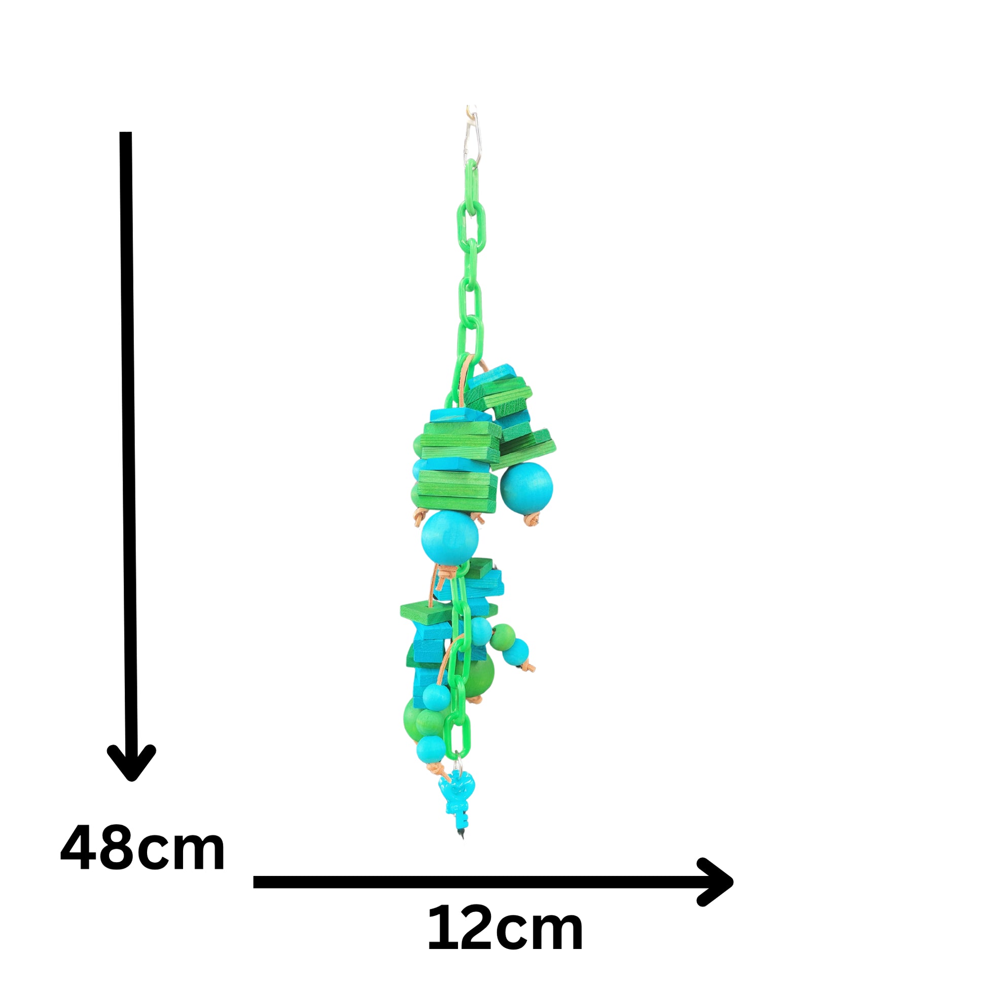 measurements of blue green bird toy