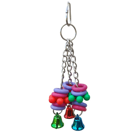 bubble beads and beads on three chains with bells on the bottom bird toy