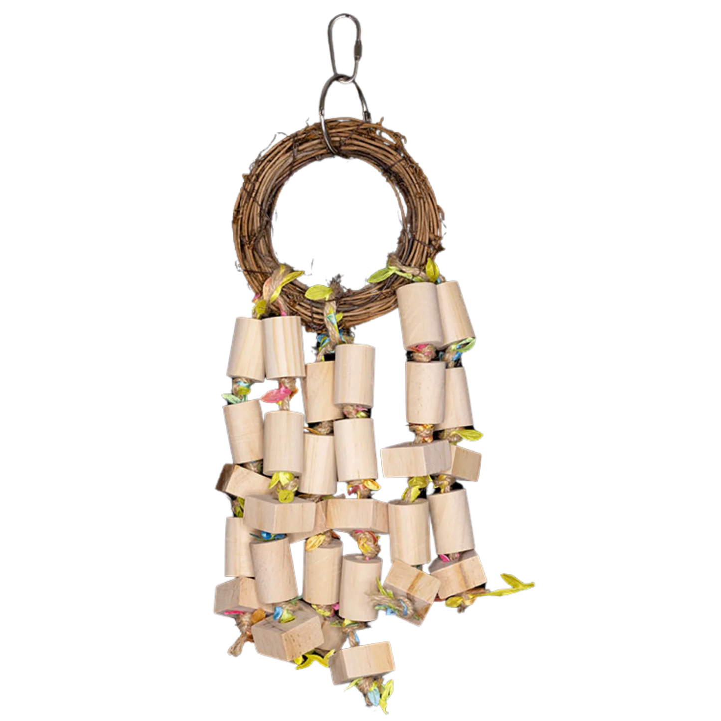 Cane Ring with Wooden Blocks Bird Toy. A natural cane ring loaded with hanging wooden blocks, perfect for chewing and play. Ideal for medium-sized birds. Size: 10 cm x 33 cm
