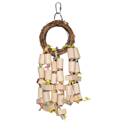 Cane Ring with Wooden Blocks Bird Toy. A natural cane ring loaded with hanging wooden blocks, perfect for chewing and play. Ideal for medium-sized birds. Size: 10 cm x 33 cm