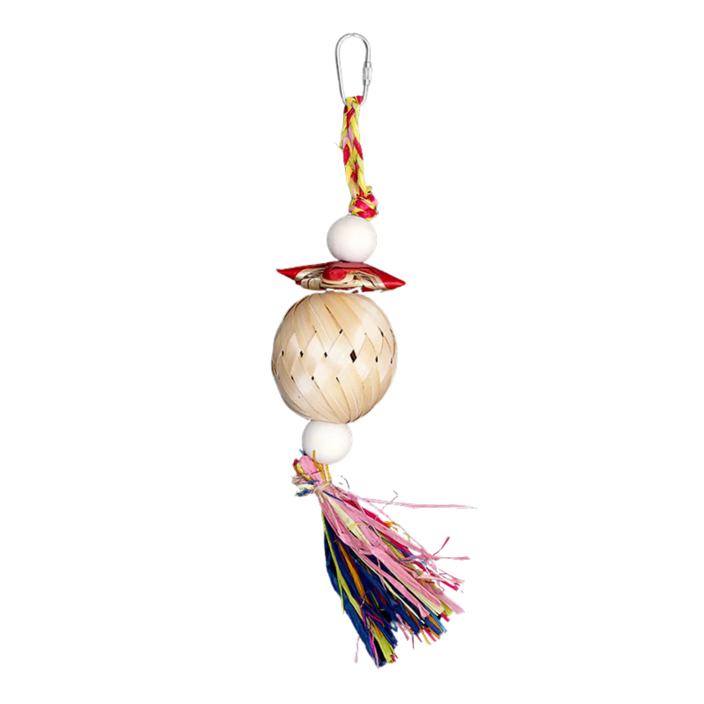 Cane Weave Ball with Tassels Bird Toy For the smaller birds this shredable bird toy has a cane weave ball with a tassel on the bottom. 6*25cm,