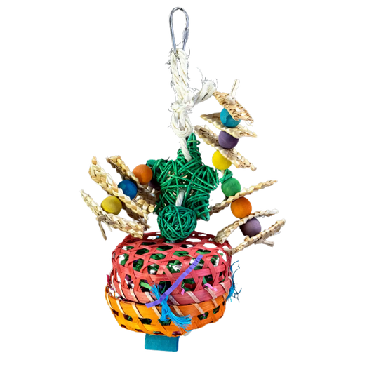 Give your bird the ultimate chewing and foraging experience with the Chew It Bird Toy from Lou Lou Bells! Designed for small to medium parrots, this eco-friendly and fully chewable toy is made from 100% natural materials, including woven cane, palm leaf, crinkle paper, a cane star, a cane ball, wooden beads, and woven straps. Packed with textures and interactive elements, this toy provides both mental and physical stimulation, keeping your feathered friend entertained for hours.
