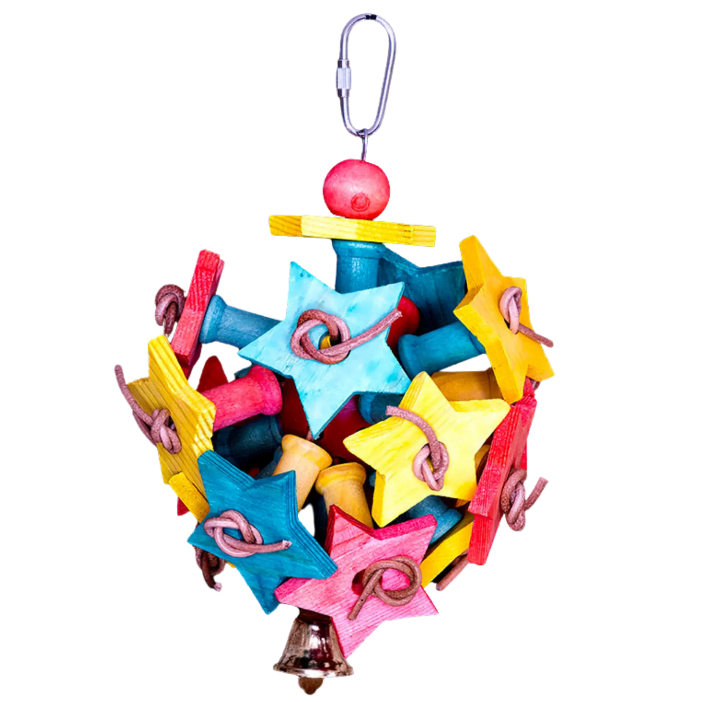 Small ball with loads of stars coming out of the ball. Stars are connected to the ball with leather cord. Connect to the cage with a quick link at the top and a bit of music at the bottom with a bell for your bird to play with.