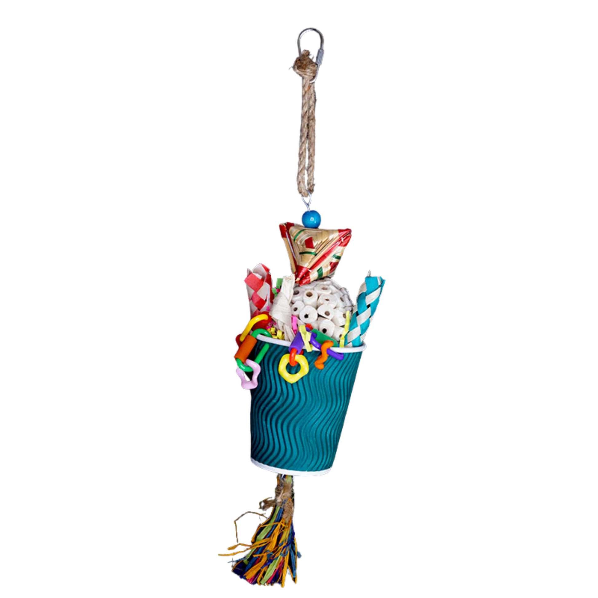 Blue cup bird toy with a balsa ball and finger traps inside it. Fun bits on, above and below the cup for your bird to play and chew Measures 10cm w x 38cm h