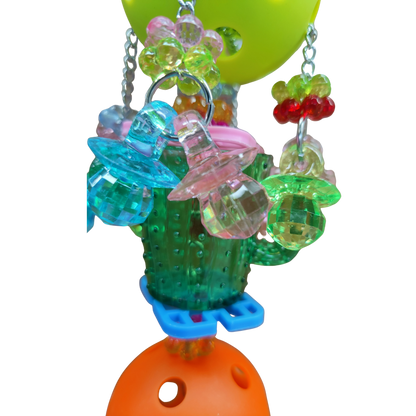 close up of the cactus cup and diamond dummies of the cactus and two balls bird toy