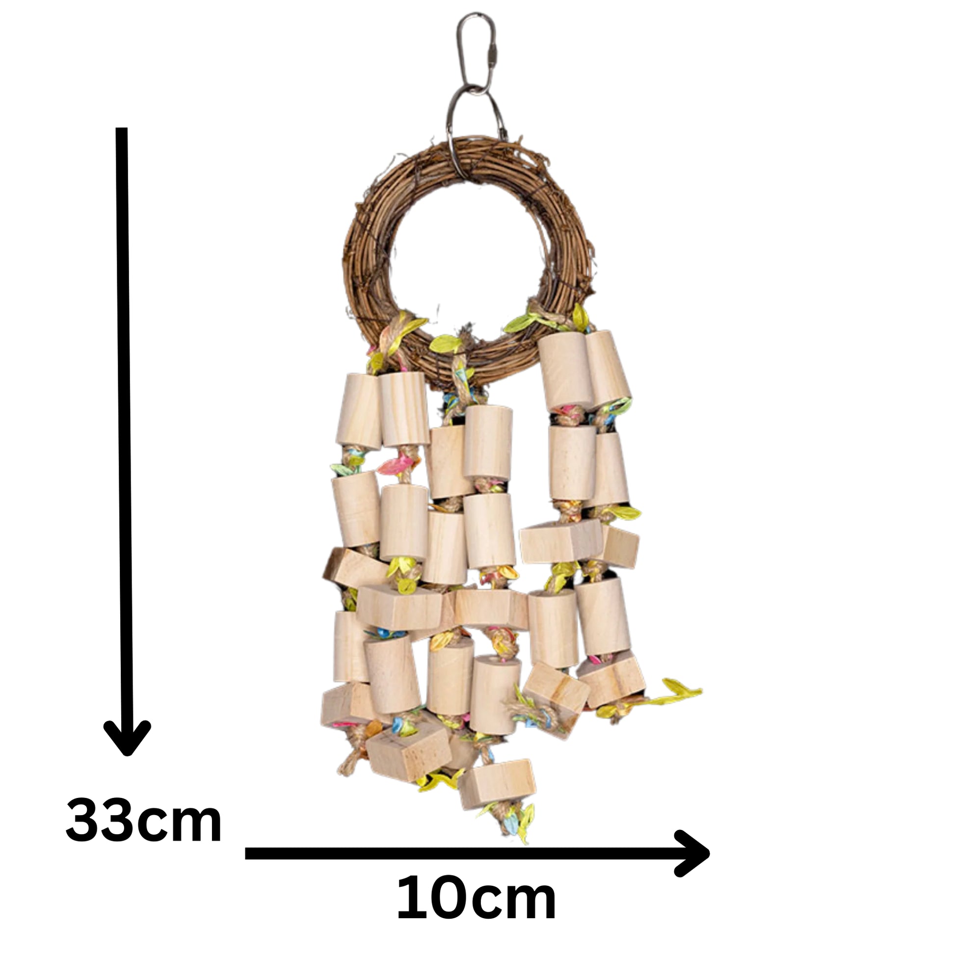 Measurements: Cane Ring with Wooden Blocks Bird Toy. A natural cane ring loaded with hanging wooden blocks, perfect for chewing and play. Ideal for medium-sized birds. Size: 10 cm x 33 cm