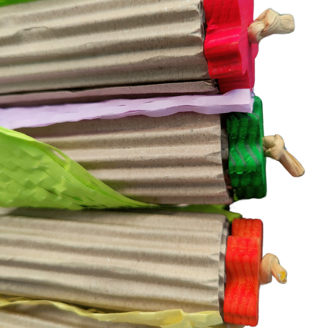 close up of the cardboard roll bird toy