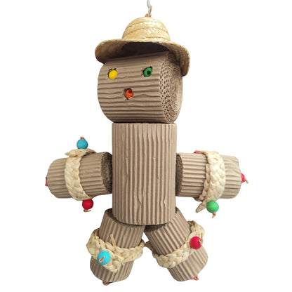 Cardboard scarecrow bird toy with a straw hat on a white background