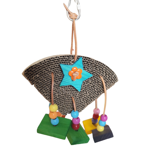 Colorful bird toy with cardboard base, star-shaped wooden piece, and hanging beads bird toy