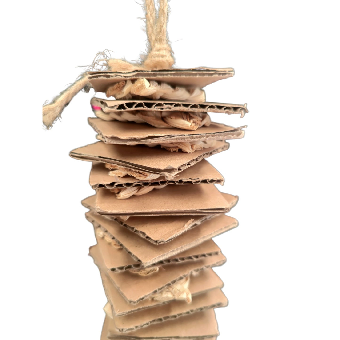 close up of the cardboard stack bird toy