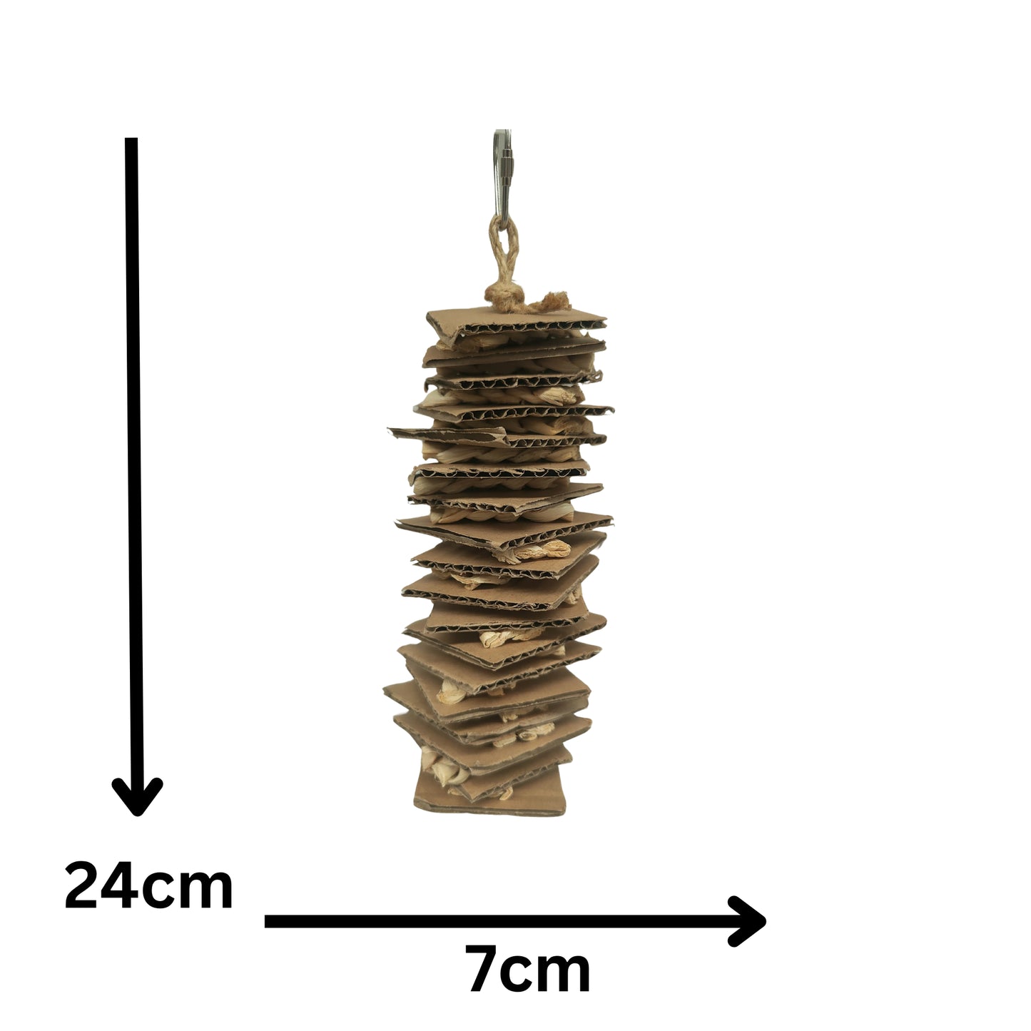 Bird toy made of stacked cardboard measurements
