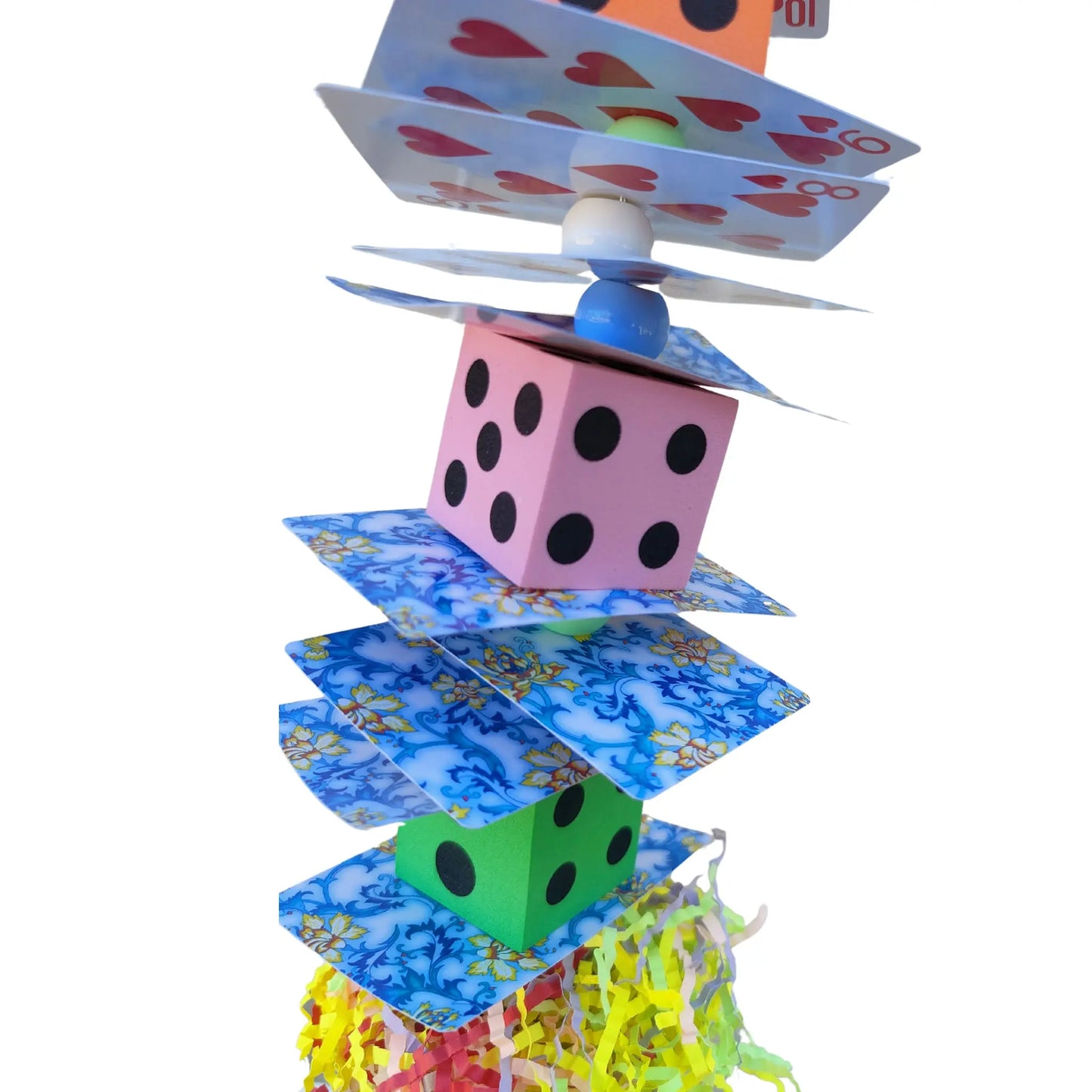 close up cards and dice bird toy