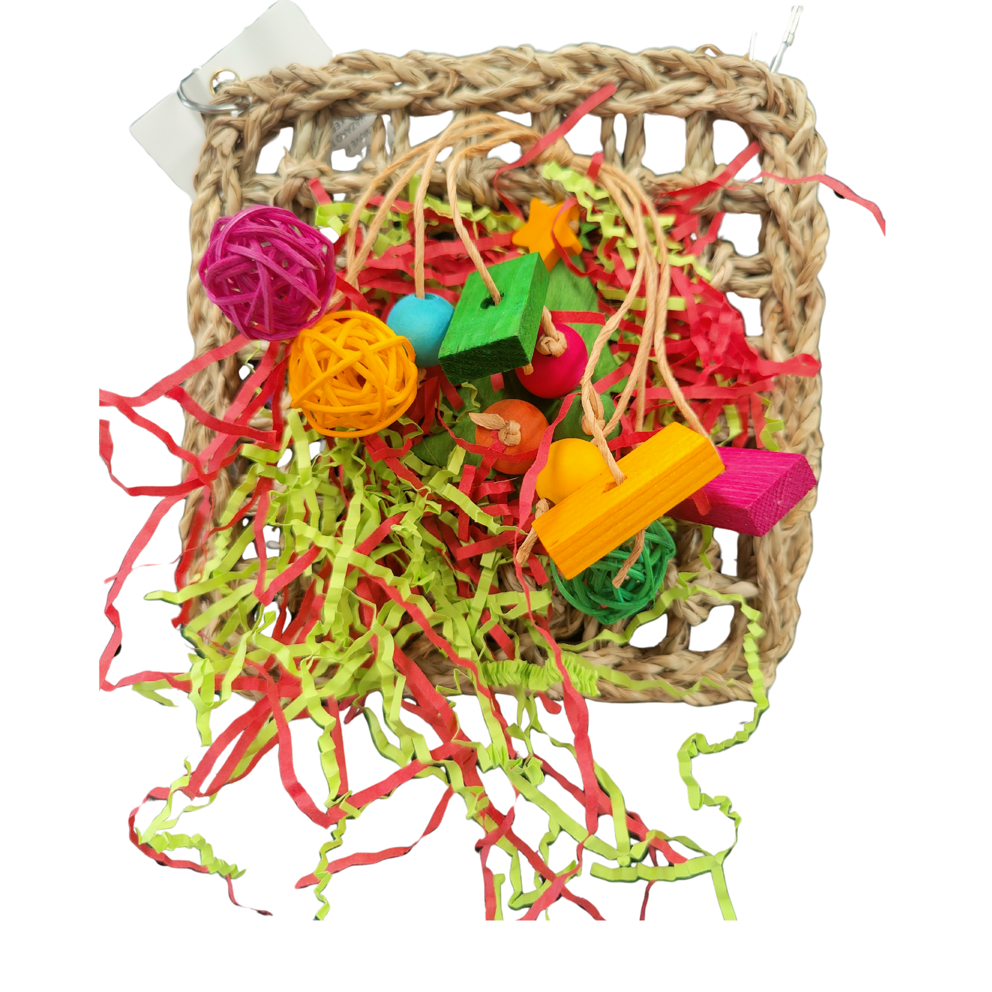 Mat with shredded paper and wood bits bird toy