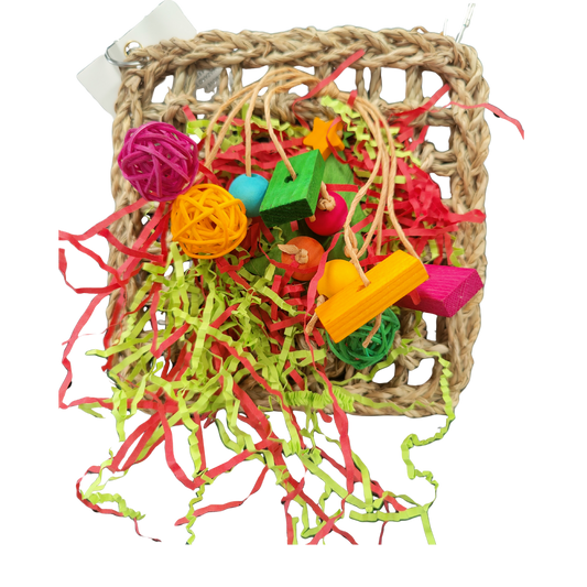 Mat with shredded paper and wood bits bird toy