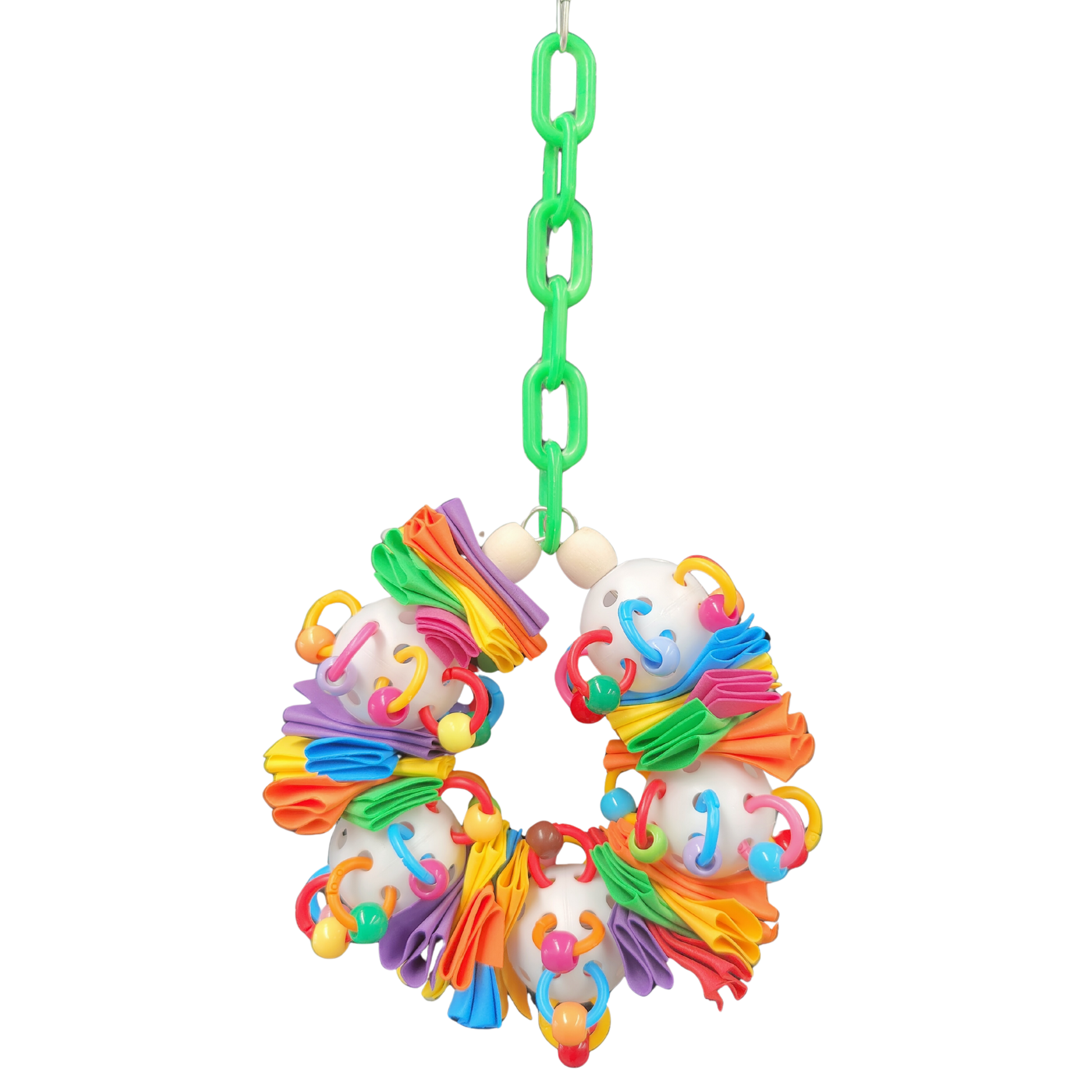 Colorful bird toy with multicolored loops and beads on whiffle balls hung by a green chain 