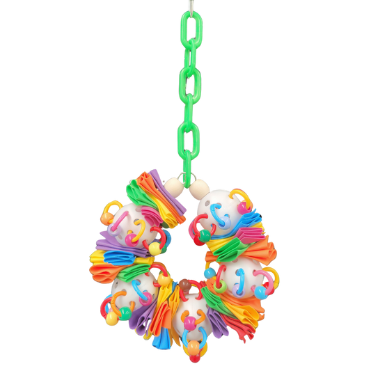 Colorful bird toy with multicolored loops and beads on whiffle balls hung by a green chain 