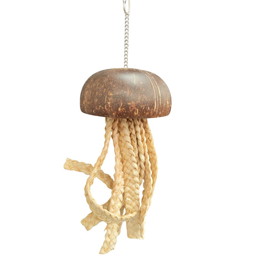 coconut jellyfish bird toy has a coconut top and strands of braided palm leaf weave hanging down