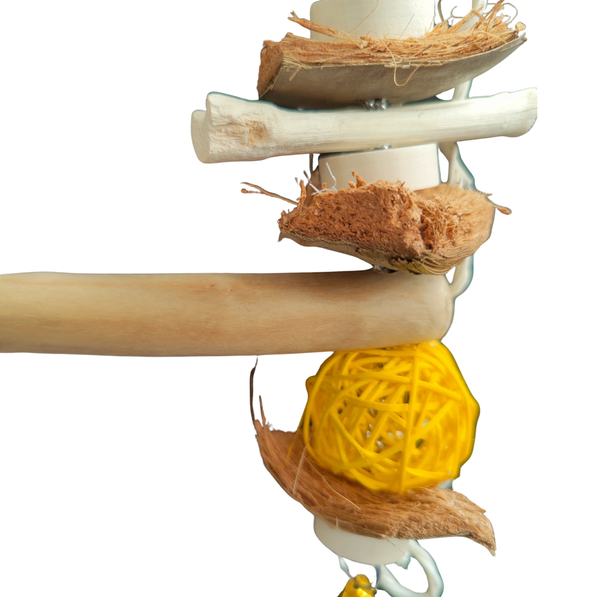 close up of the coconut pieces swing bird toy