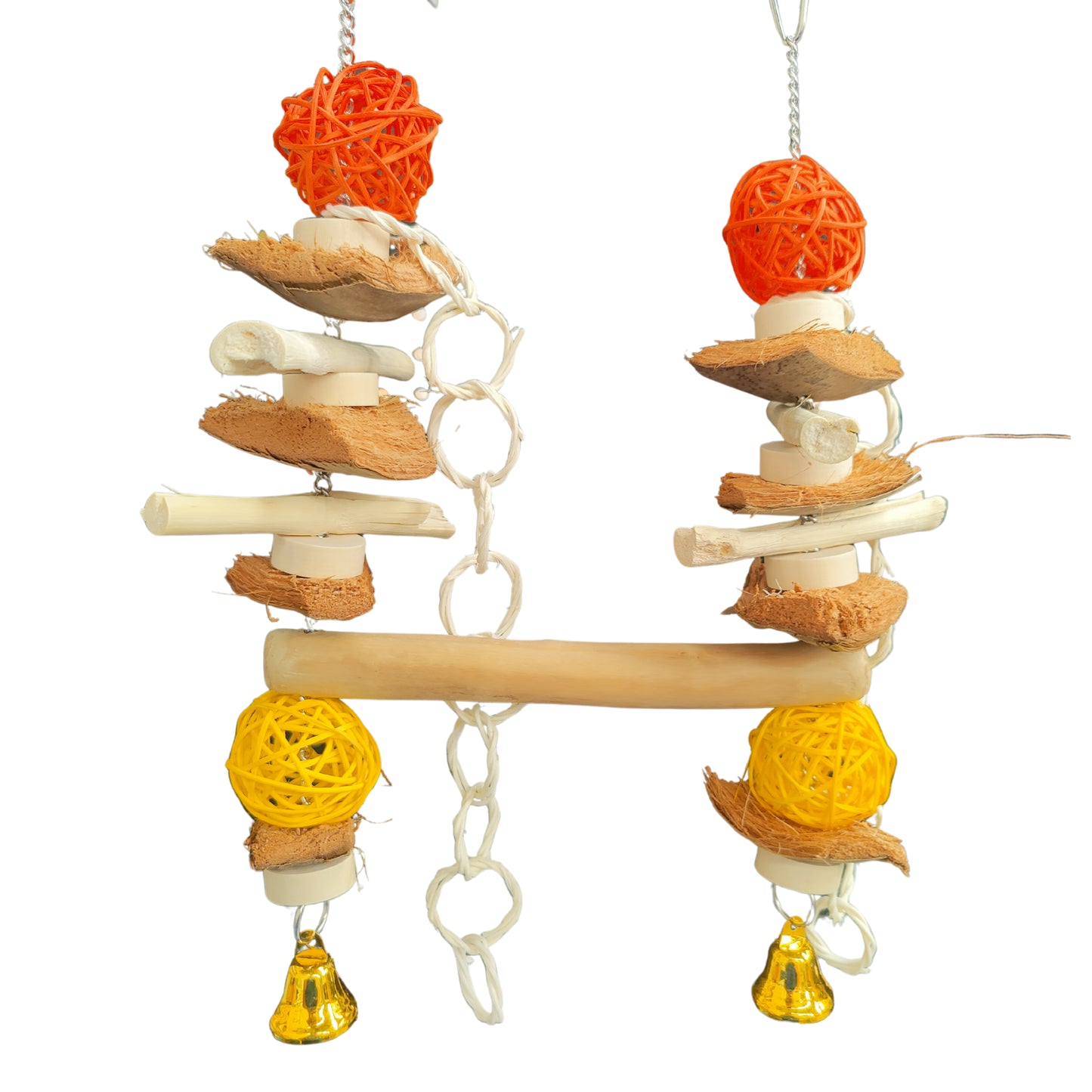 bird toy swing with coconut pieces and cane balls