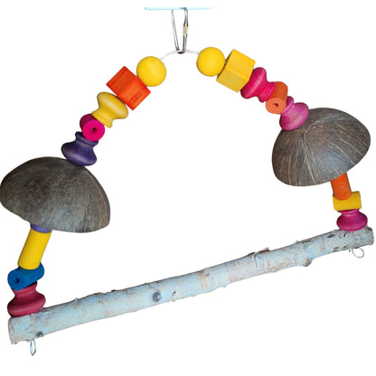 swing with wood beads and coconut shell halves bird toy