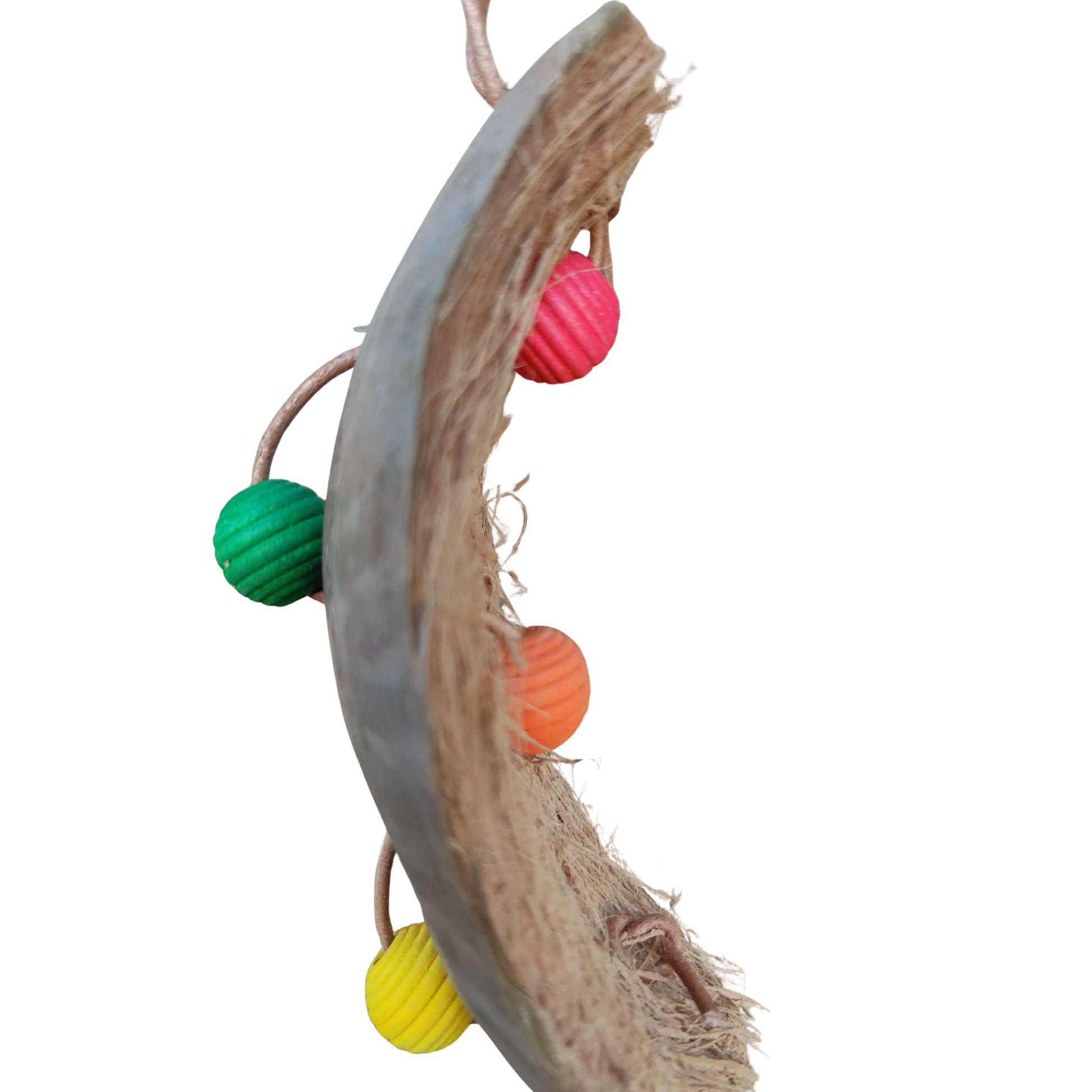 close up of the coconut weave bead bird toy