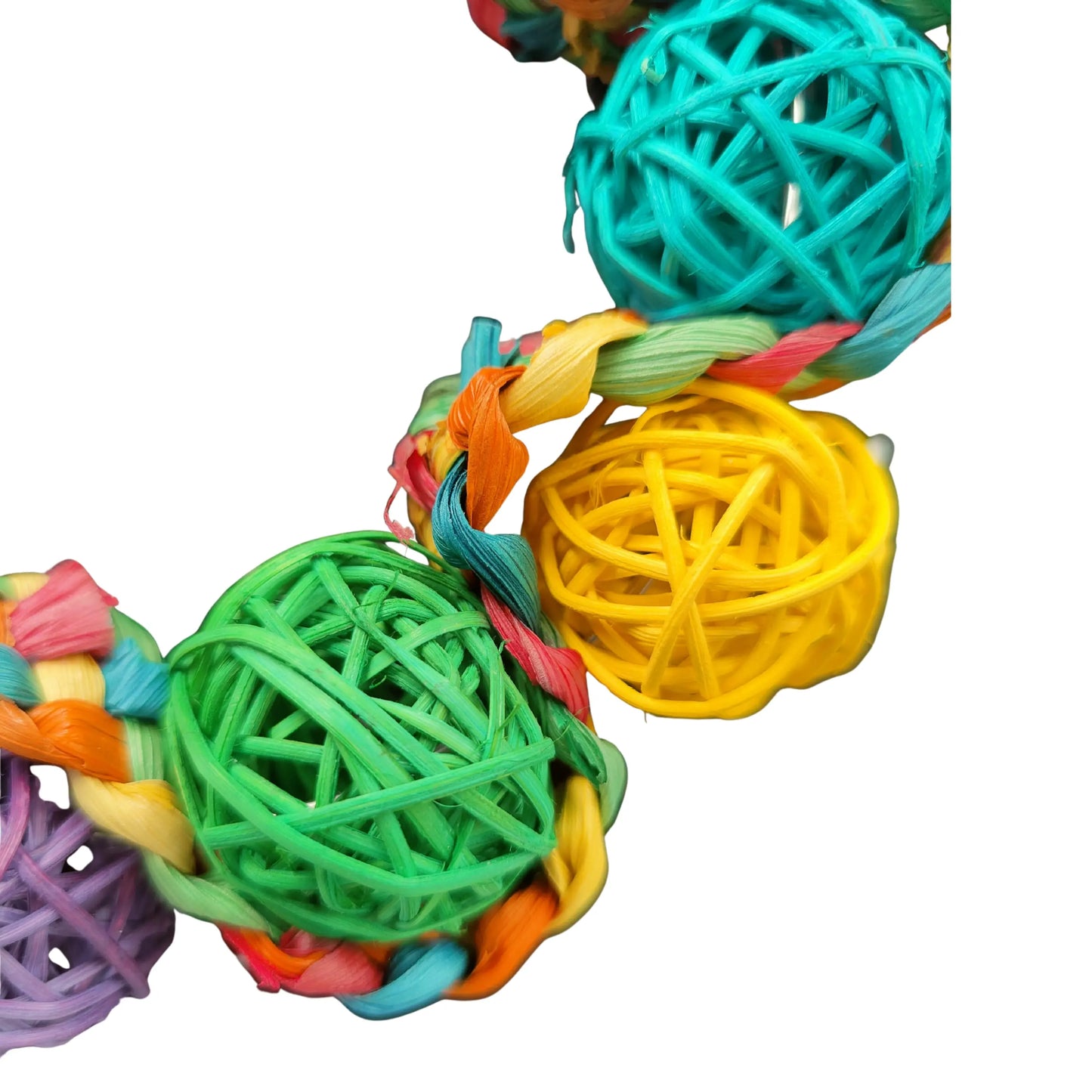 close up of the ring of coloured cane ball weave bird toy