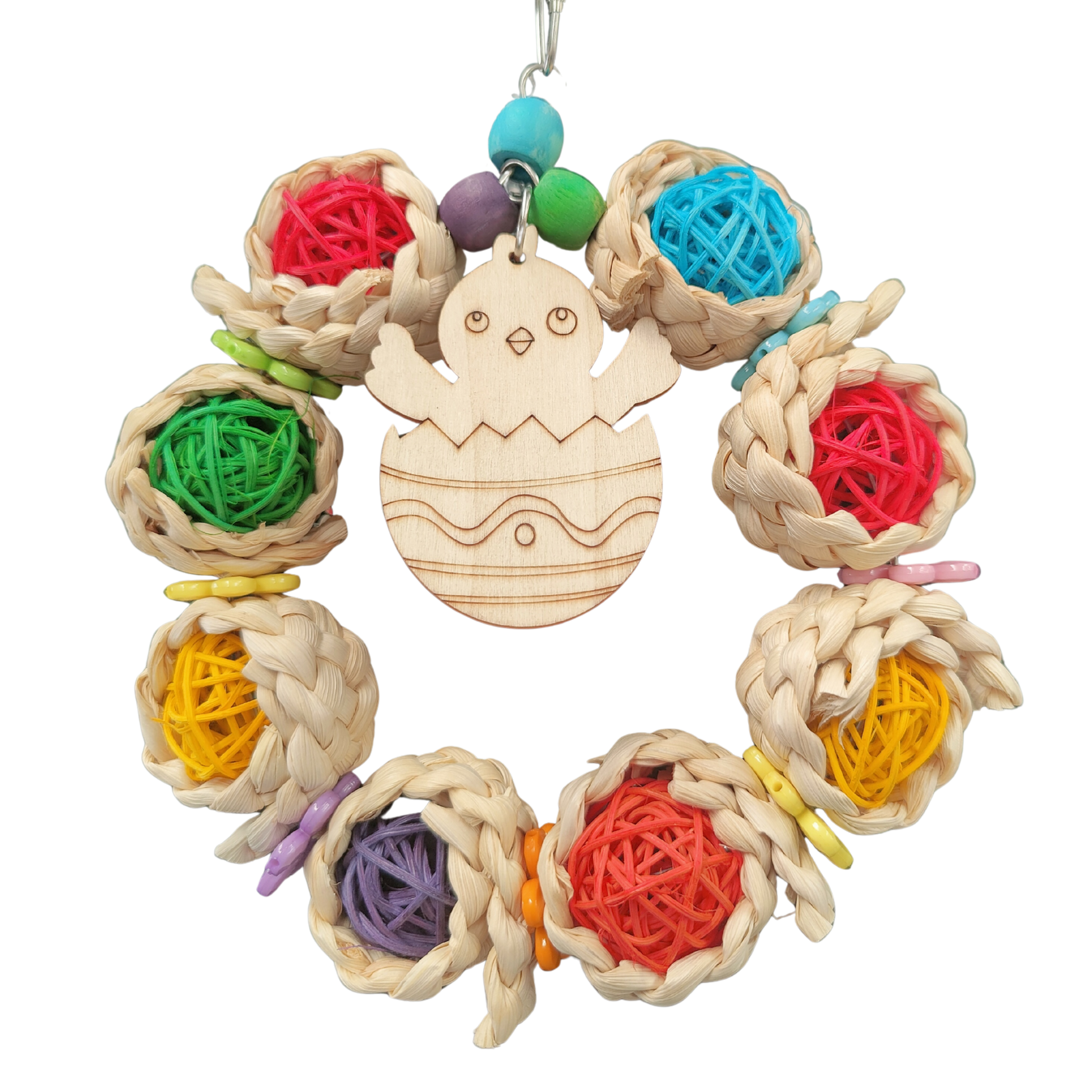 ring of coloured cane balls with a wooden chick in the center bird toy