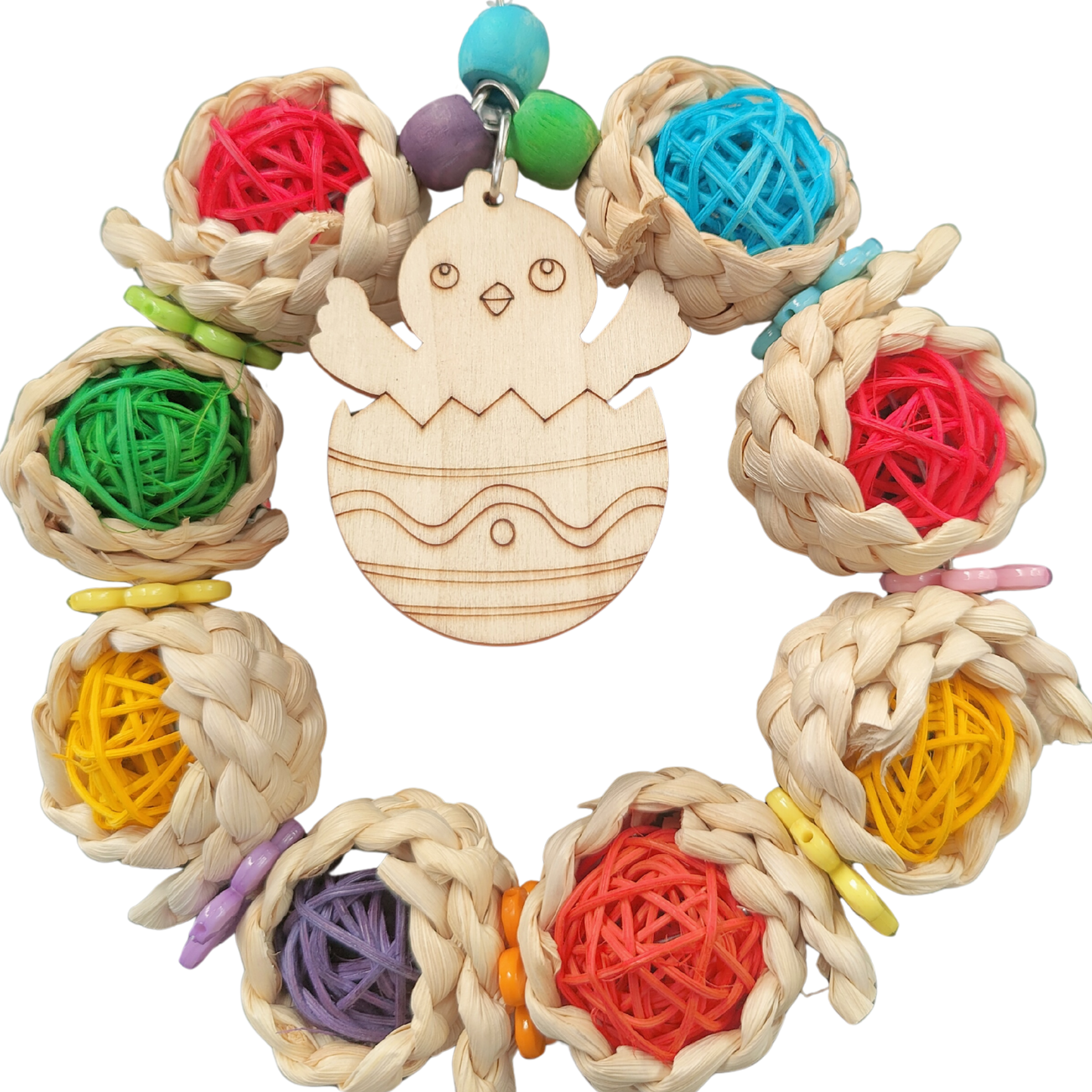close up of the coloured chick ring bird toy