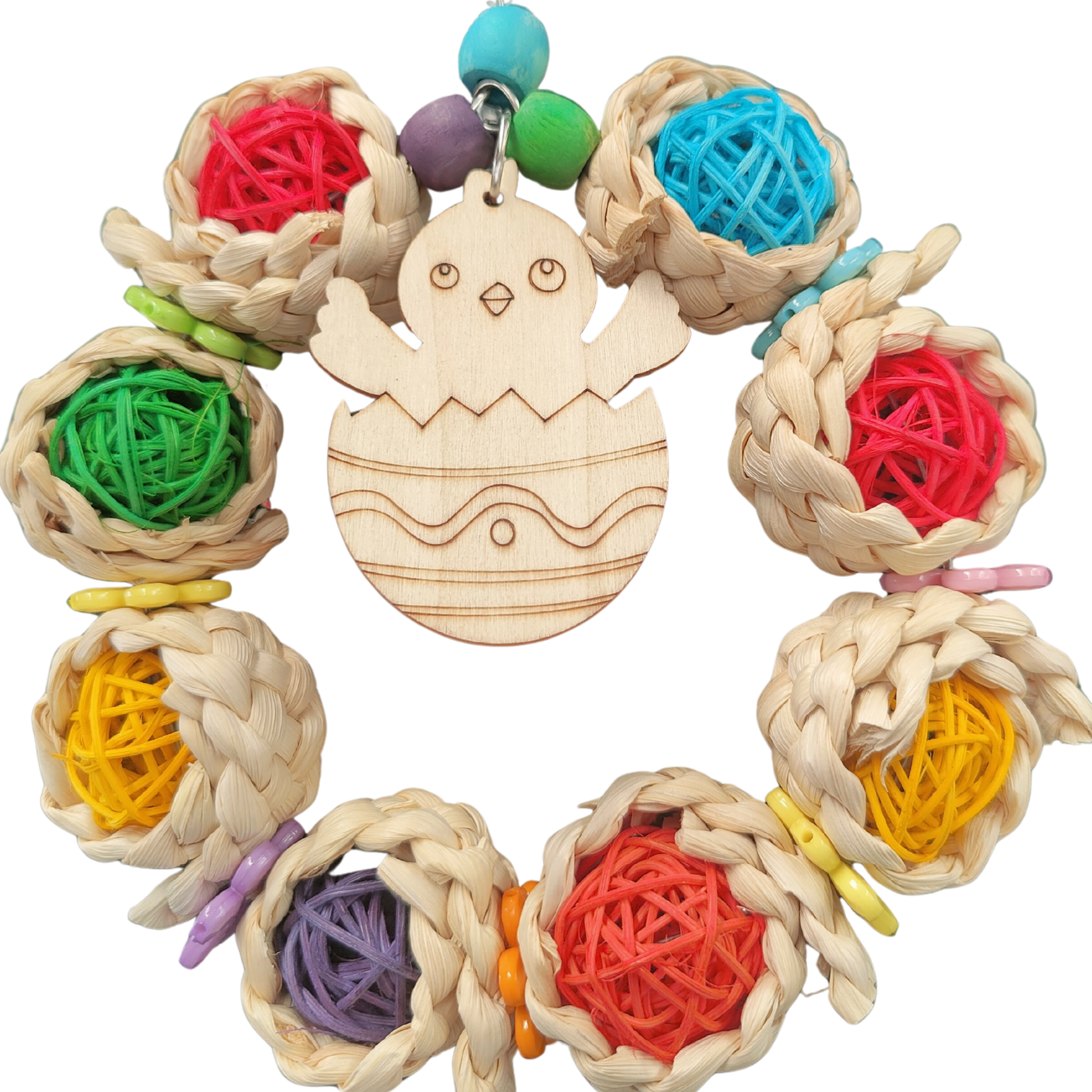 close up of the coloured chick ring bird toy