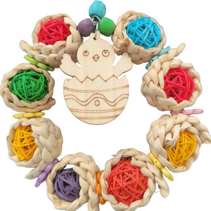 close up of the coloured chick ring bird toy