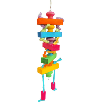 Colorful bird toy with multiple levels separated by coloured door knobs
