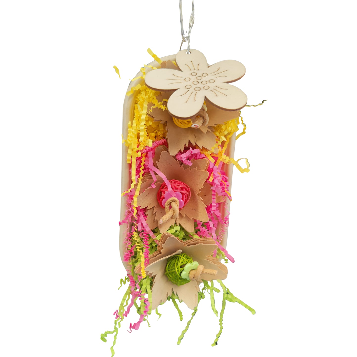container with wood flowers bird toy