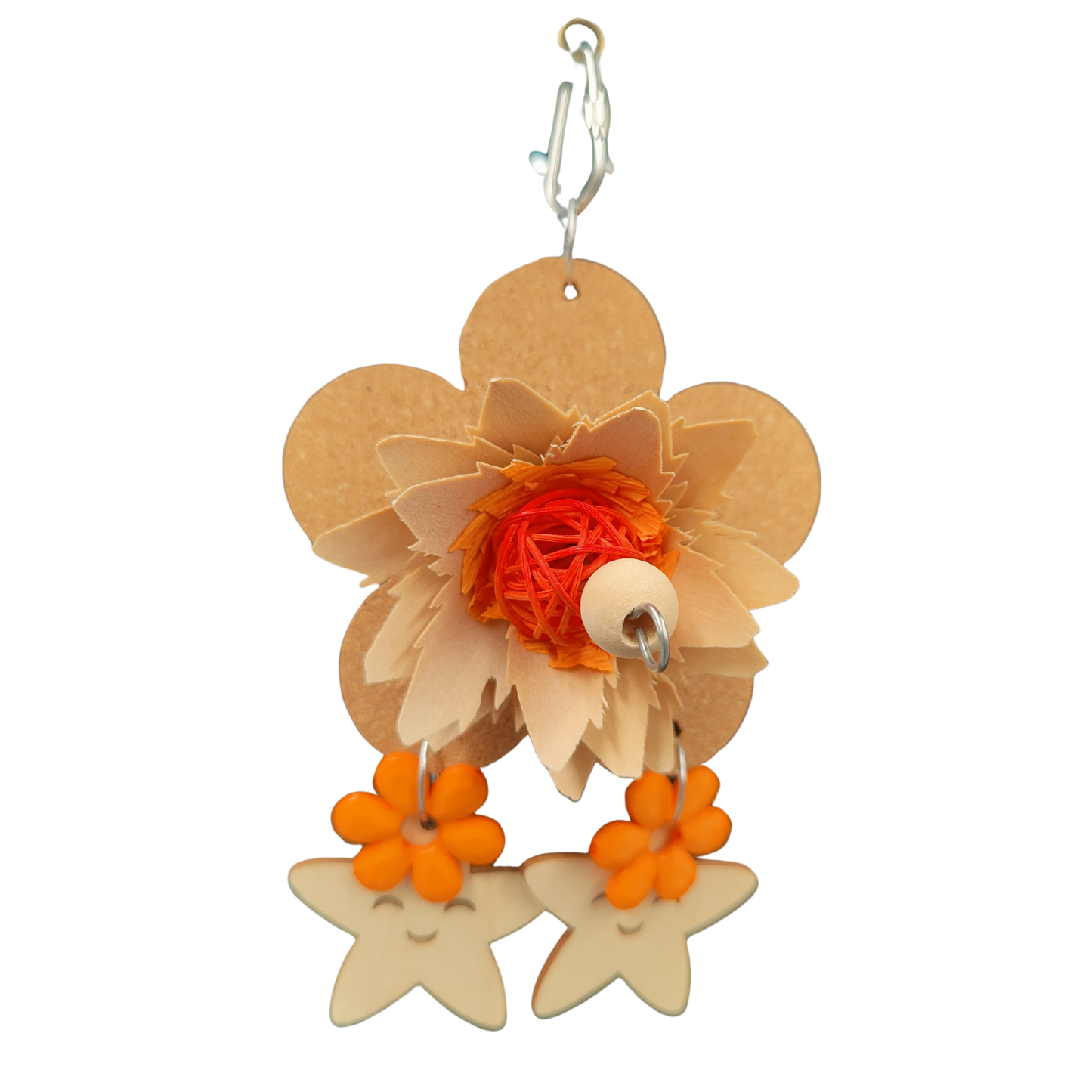 cork flower with wood flowers and hanging wood stars bird toy