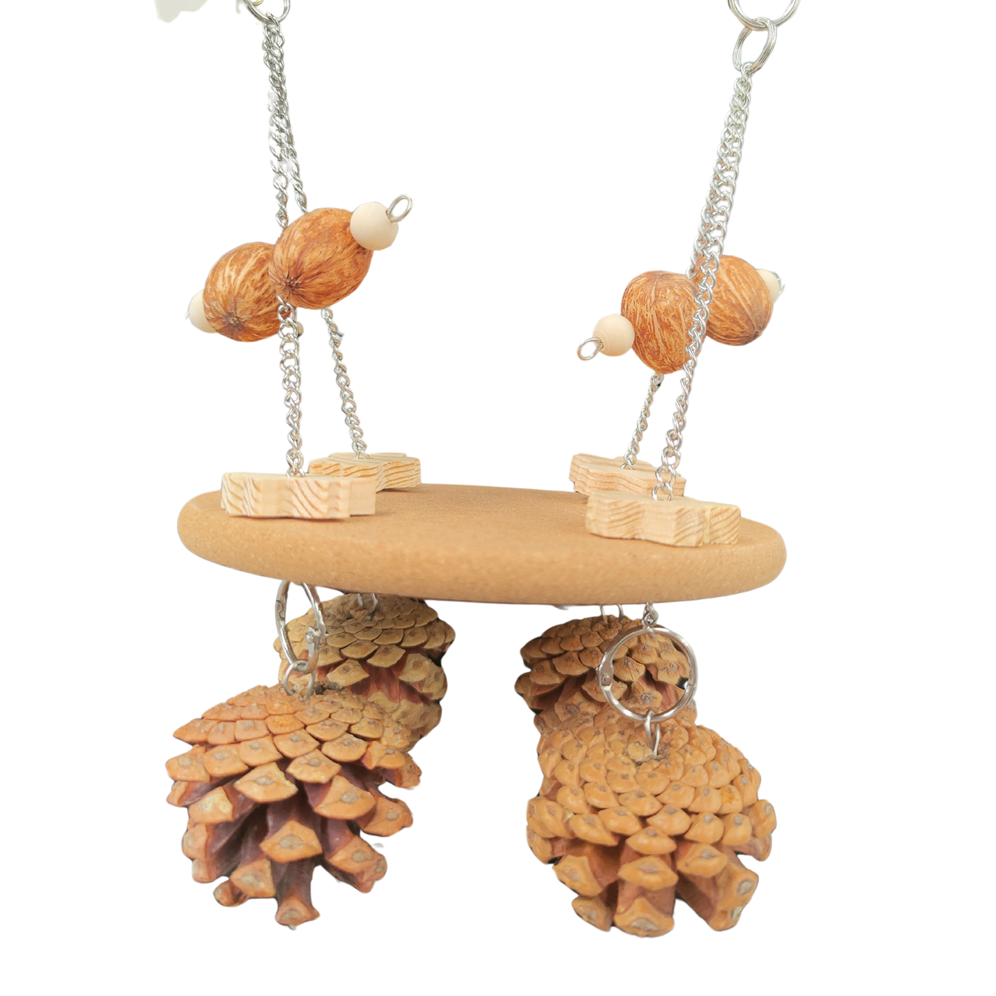 cork platform with hanging pine cones bird toy