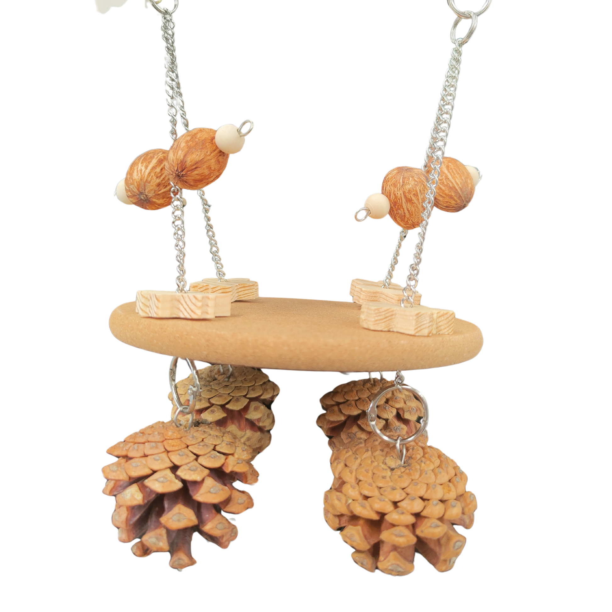 cork platform with hanging pine cones bird toy