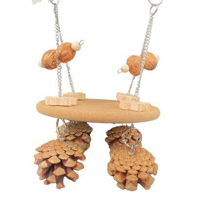 cork platform with hanging pine cones bird toy
