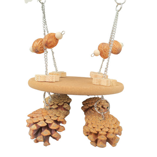 cork platform with hanging pine cones bird toy