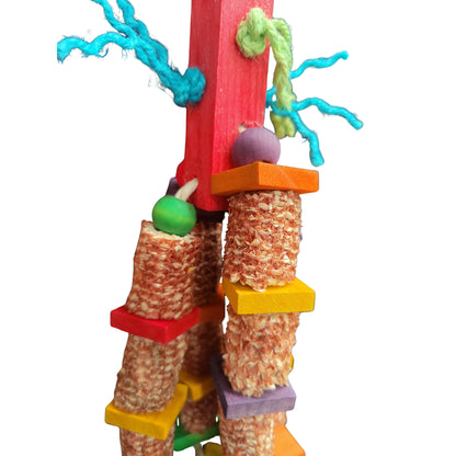 close up of the corny dangle bird toy