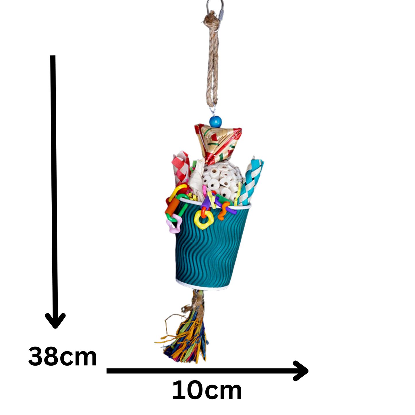 Measurements image - Blue cup bird toy with a balsa ball and finger traps inside it. Fun bits on, above and below the cup for your bird to play and chew Measures 10cm w x 38cm h