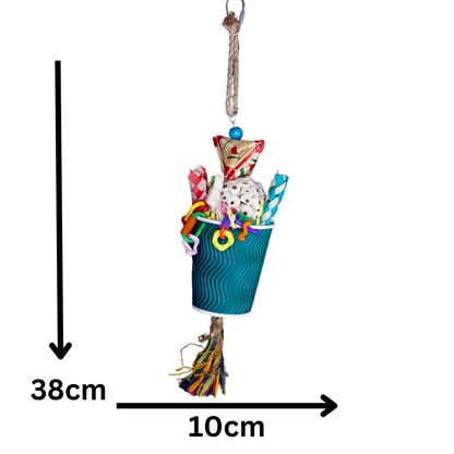 Measurements image - Blue cup bird toy with a balsa ball and finger traps inside it. Fun bits on, above and below the cup for your bird to play and chew Measures 10cm w x 38cm h