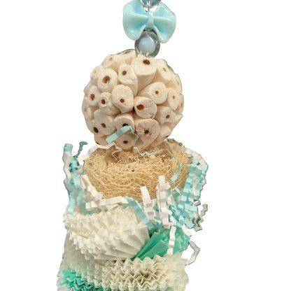 close up 2 blue cupcake stack bird toy