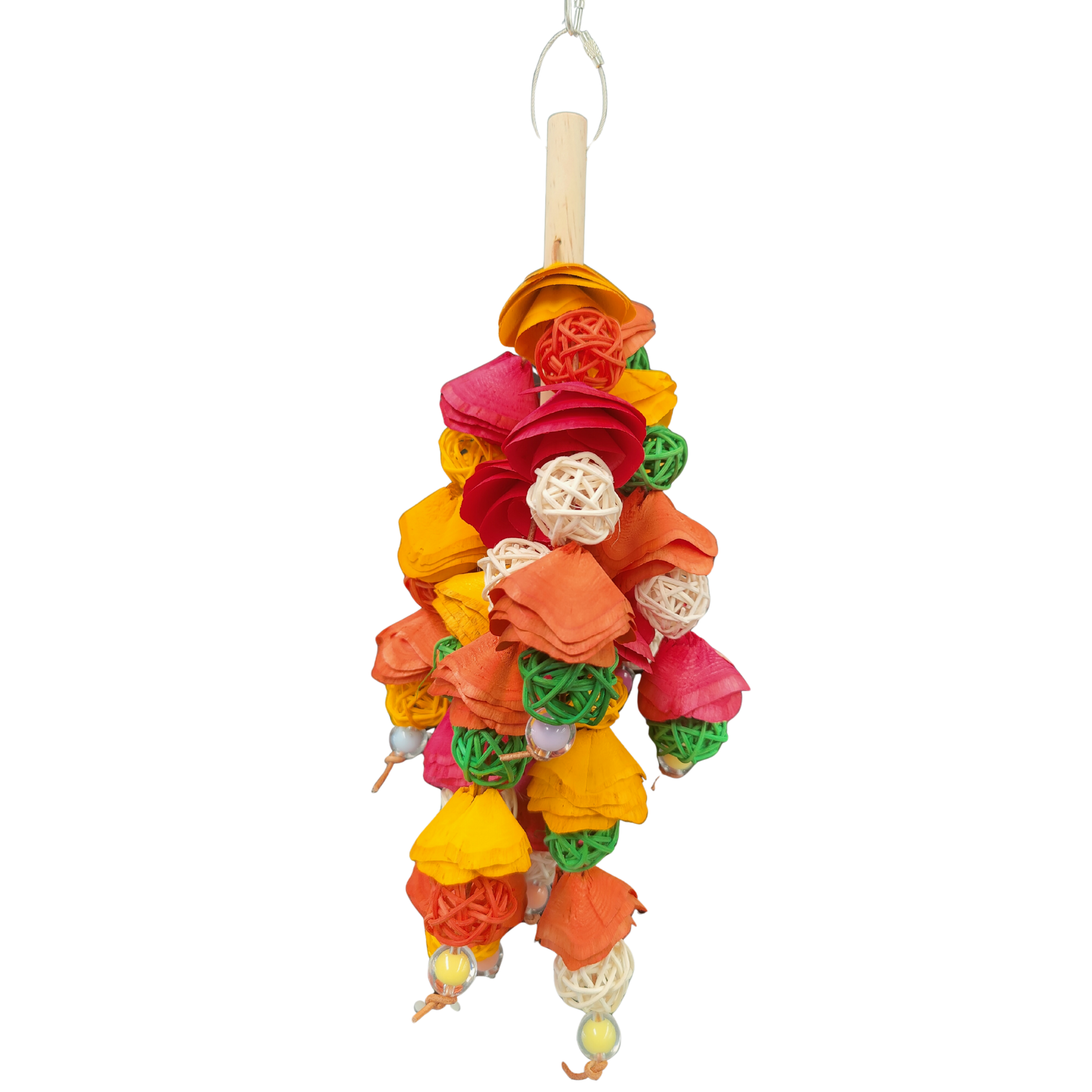 Colorful bird toy with paper flowers and cane balls bird toy