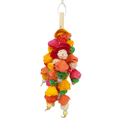 Colorful bird toy with paper flowers and cane balls bird toy