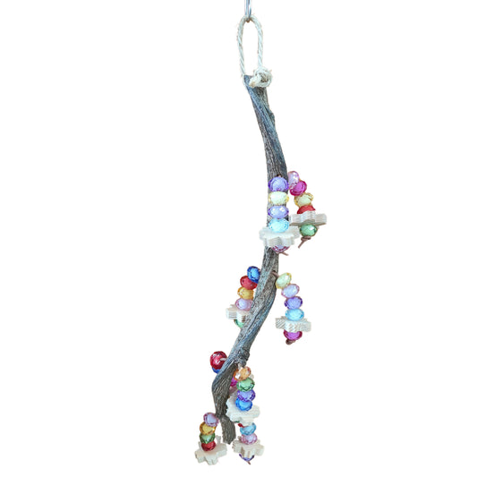 Dangling branch with beads hanging off this bird toy