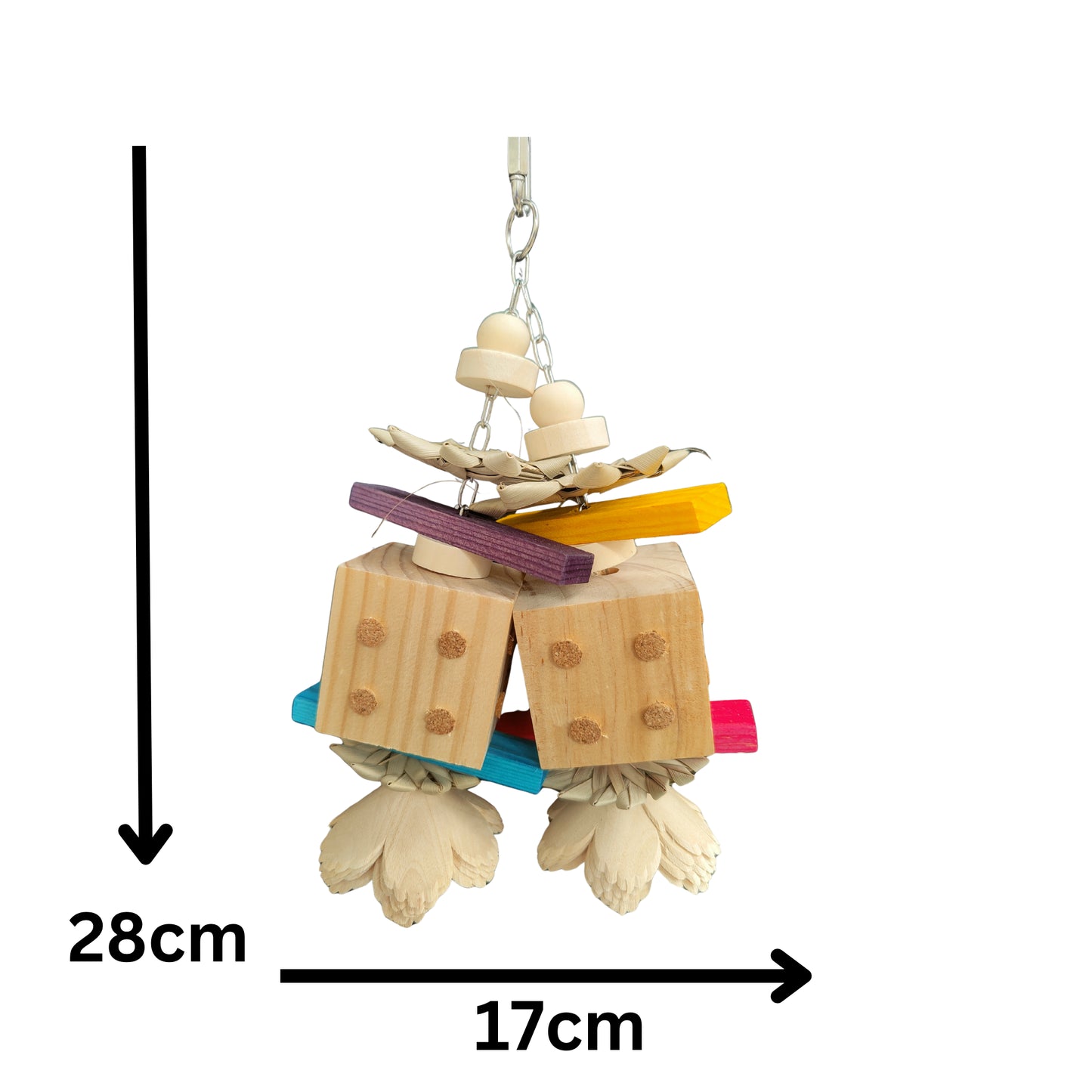 Bird toy with wooden blocks and colorful elements, showing Measurements on a white background.