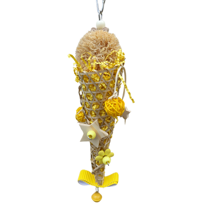 dressed cone bird toy filled with shredded paper