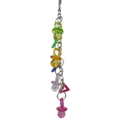large dummies hanging from a chain bird toy