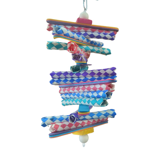 finger traps stacked to form a small tower bird toy