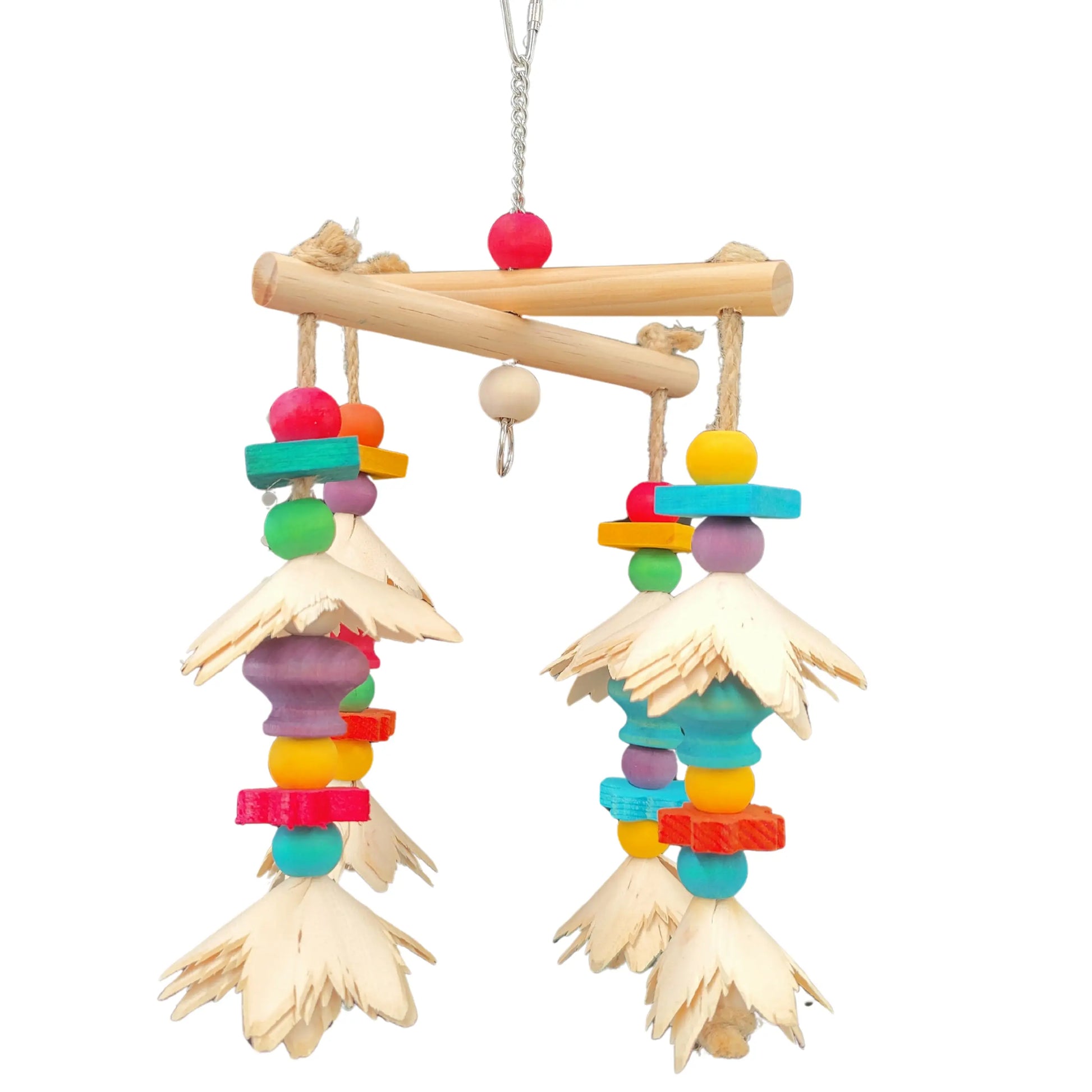 hanging wood flower mobile bird toy with coloured round wooden balls
