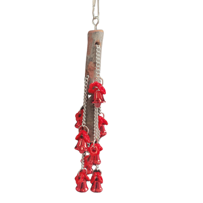 8 bells and 16 flowers are on 4 chains that can be pulled back and forth through a natural piece of wood bird toy